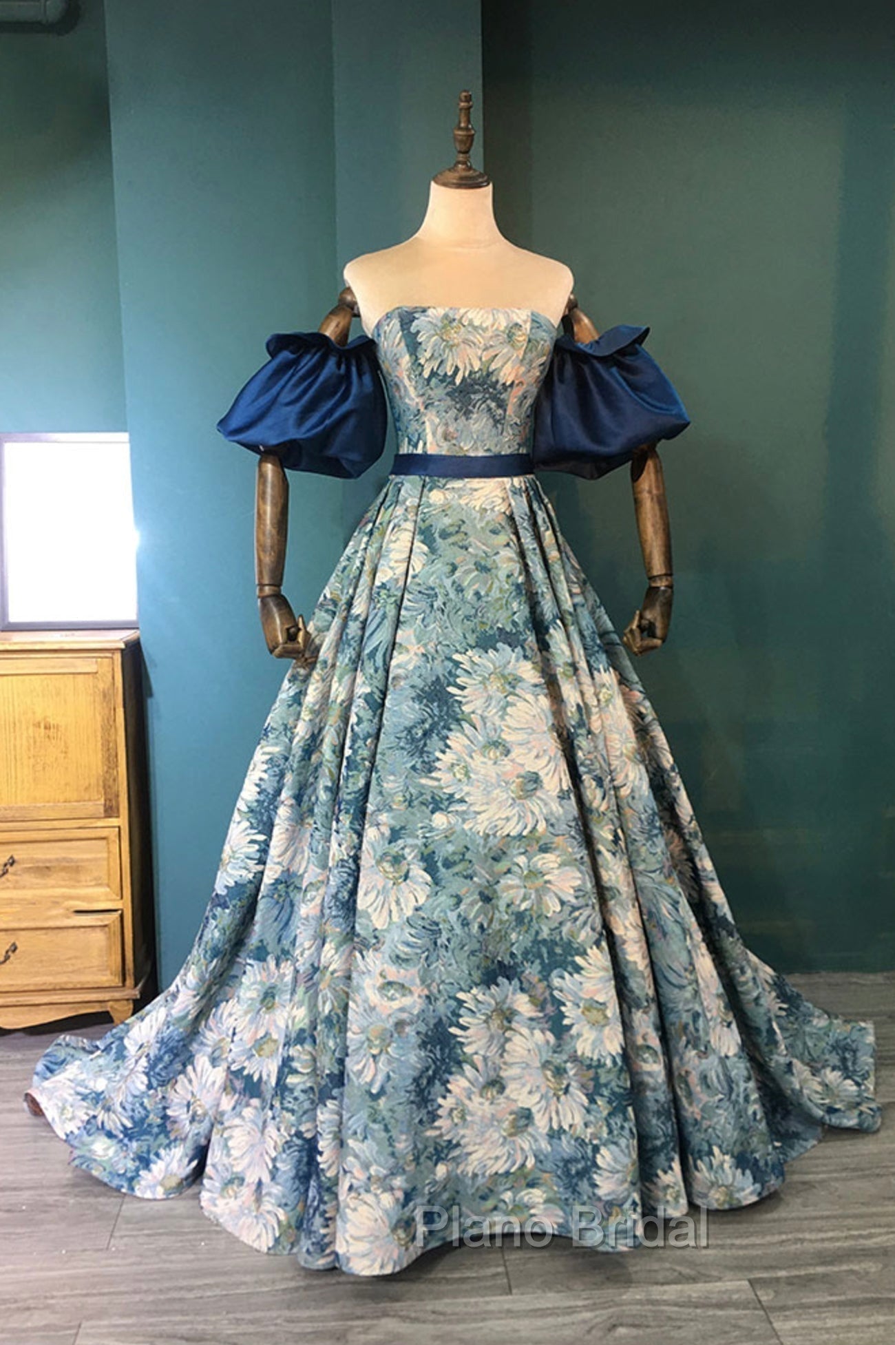 Blue Floral Pattern Long Senior Formal Prom Dresses, Off the Shoulder Evening Party Dresses