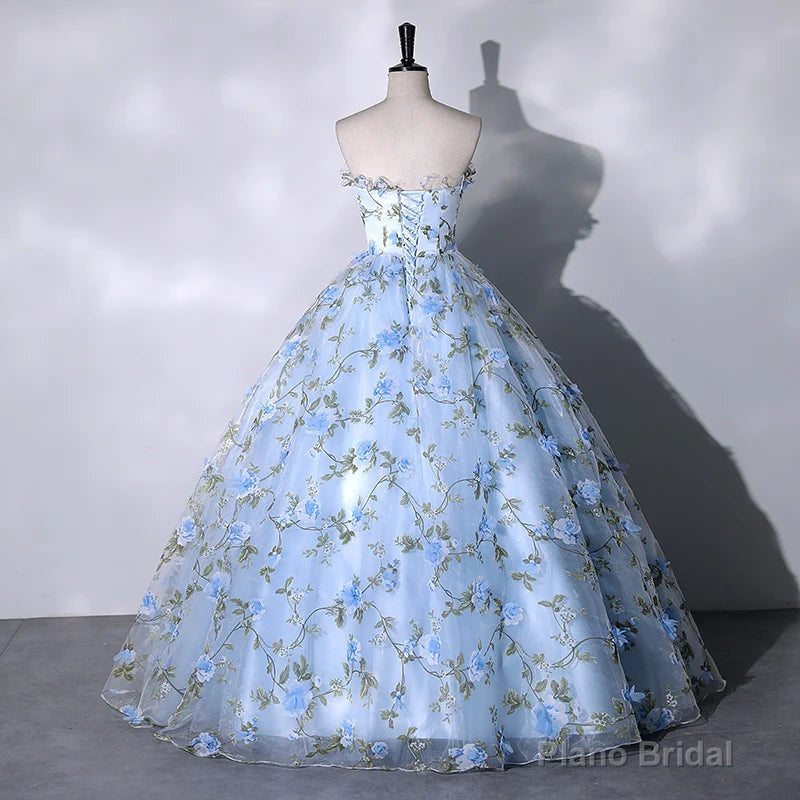 Blue Floral Sweetheart Floor Length Formal Dresses, Blue Long Party Dresses Main image