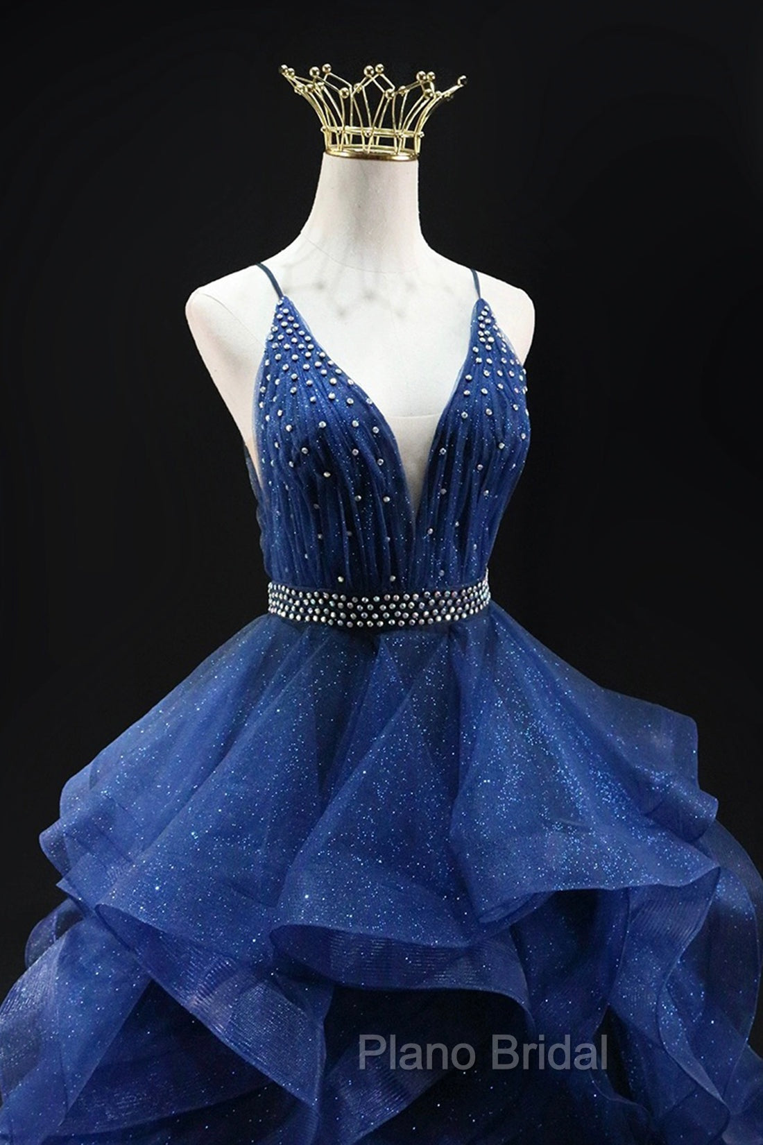 Blue Glitter Tulle Long A-Line Formal Prom Dresses, V-Neck Spaghetti Strap Backless Evening Party Dresses