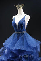 Blue Glitter Tulle Long A-Line Formal Prom Dresses, V-Neck Spaghetti Strap Backless Evening Party Dresses