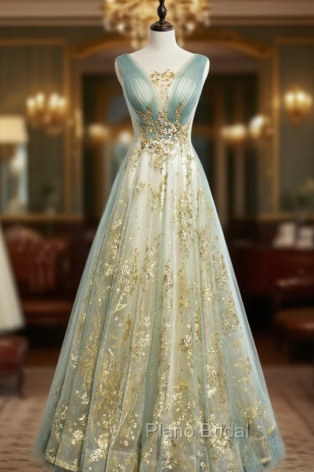 Blue Gold Tulle Sequins V-neck Pleats Formal Prom Dresses Main image