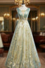 Blue Gold Tulle Sequins V-neck Pleats Formal Prom Dresses