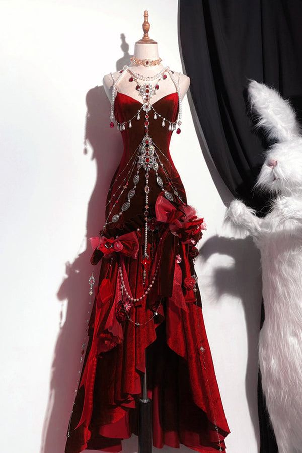 Blue/Burgundy Gorgeous Elegant Delicate Beaded Spaghetti Strap Long Ruffled Velvet Ball Gown Formal Evening Gown Party Dresses Secondary image