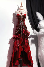 Blue/Burgundy Gorgeous Elegant Delicate Beaded Spaghetti Strap Long Ruffled Velvet Ball Gown Formal Evening Gown Party Dresses