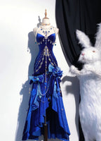 Blue/Burgundy Gorgeous Elegant Delicate Beaded Spaghetti Strap Long Ruffled Velvet Ball Gown Formal Evening Gown Party Dresses