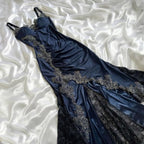 Blue Gorgeous Exquisite Applique Lace Spaghetti Straps Long Satin Prom Dress Evening Dress Party Dress