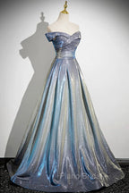 Blue Gradient A-Line Floor Length Formal Prom Dresses, Blue Off The Shoulder Evening Party Dresses