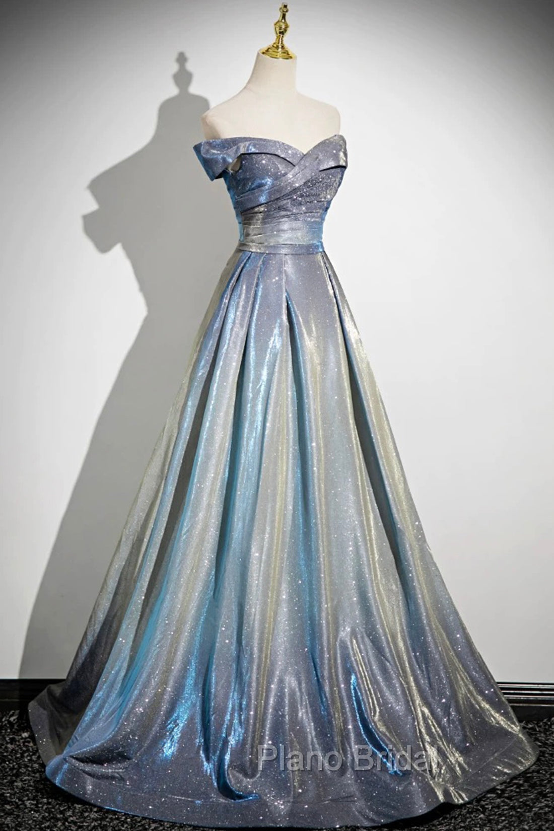 Blue Gradient A-Line Floor Length Formal Prom Dresses, Blue Off The Shoulder Evening Party Dresses