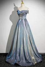 Blue Gradient A-Line Floor Length Formal Prom Dresses, Blue Off The Shoulder Evening Party Dresses