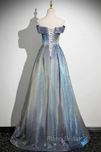Blue Gradient A-Line Floor Length Formal Prom Dresses, Blue Off The Shoulder Evening Party Dresses