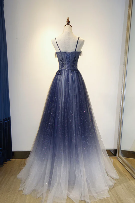 Blue Gradient A-Line Tulle Long Formal Dresses, Floor Length Formal Prom Dresses