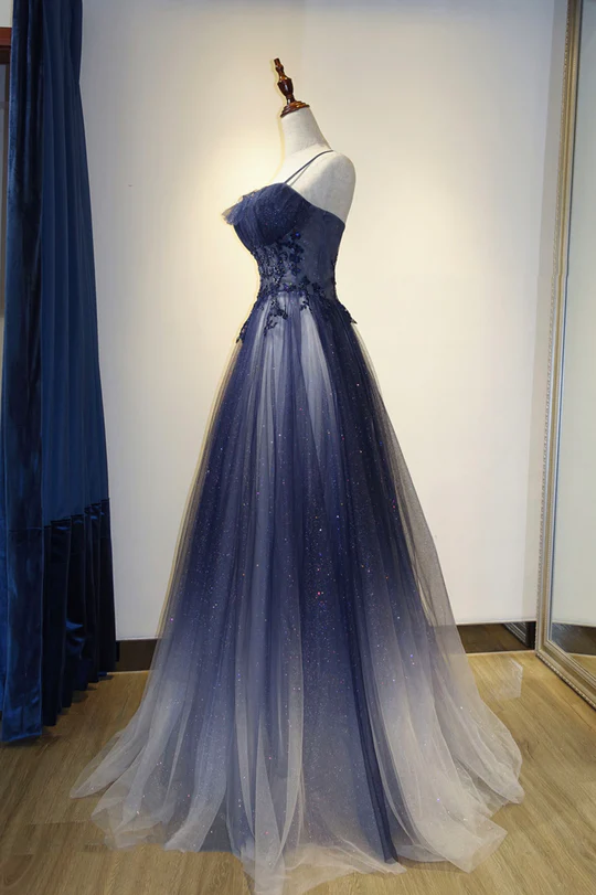 Blue Gradient A-Line Tulle Long Formal Dresses, Floor Length Formal Prom Dresses