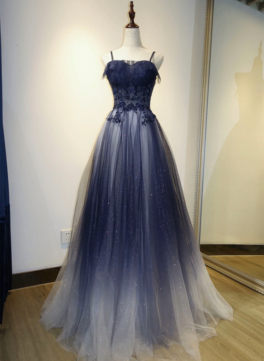 Blue Gradient A-Line Tulle Long Formal Dresses, Floor Length Formal Prom Dresses Main image