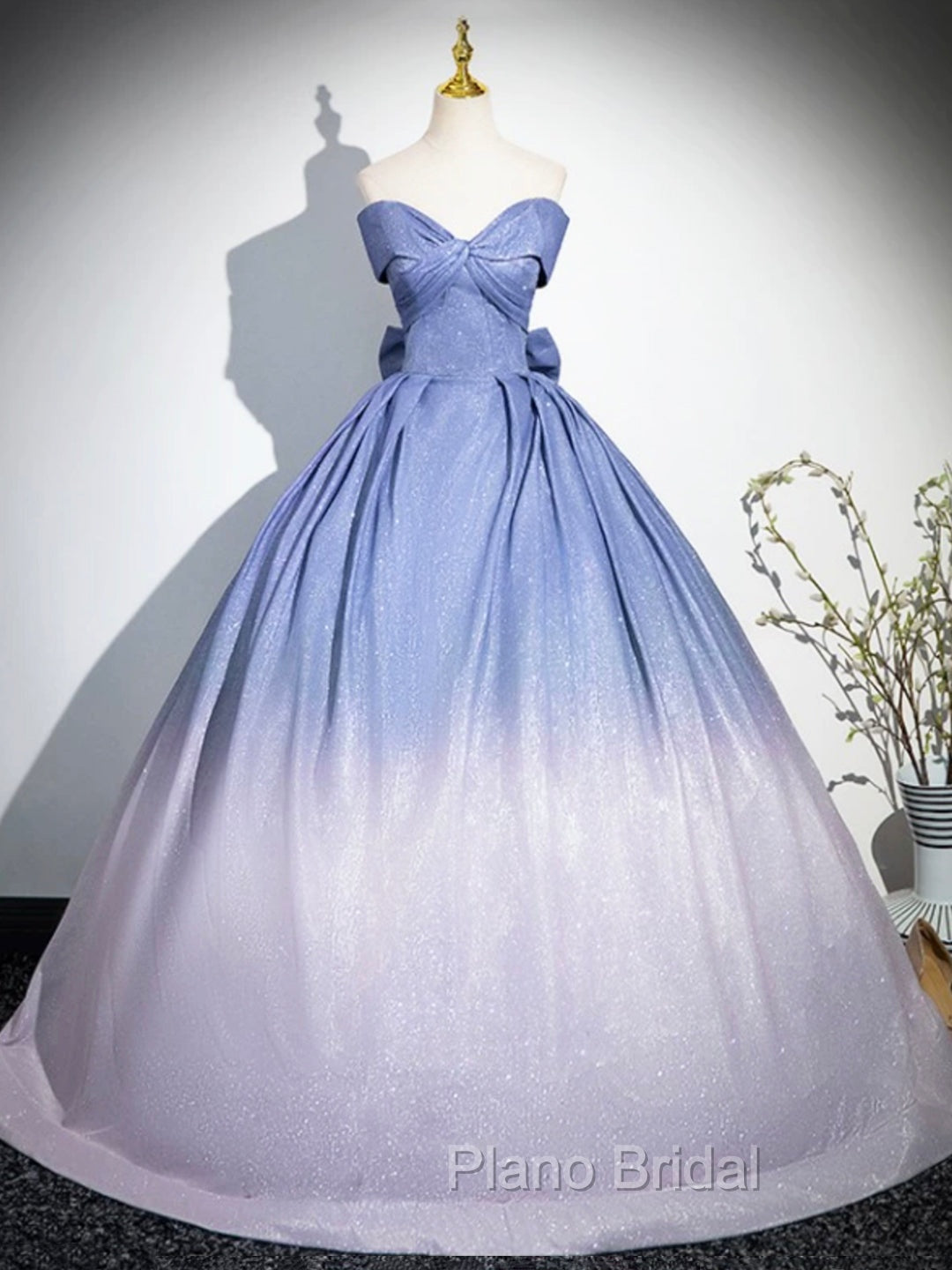 Blue Gradient-Color Glitter Sequins Formal Prom Dresses, A-Line Off-The-Shoulder Blue Princess Formal Dresses