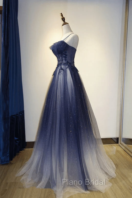 Blue Gradient Straps Tulle Long Party Dresses with Lace Blue Junior Formal Prom Dresses Formal Prom Dresses shops Secondary image