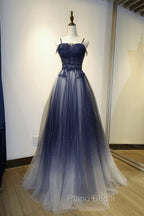 Blue Gradient Straps Tulle Long Party Dresses with Lace Blue Junior Formal Prom Dresses Formal Prom Dresses shops