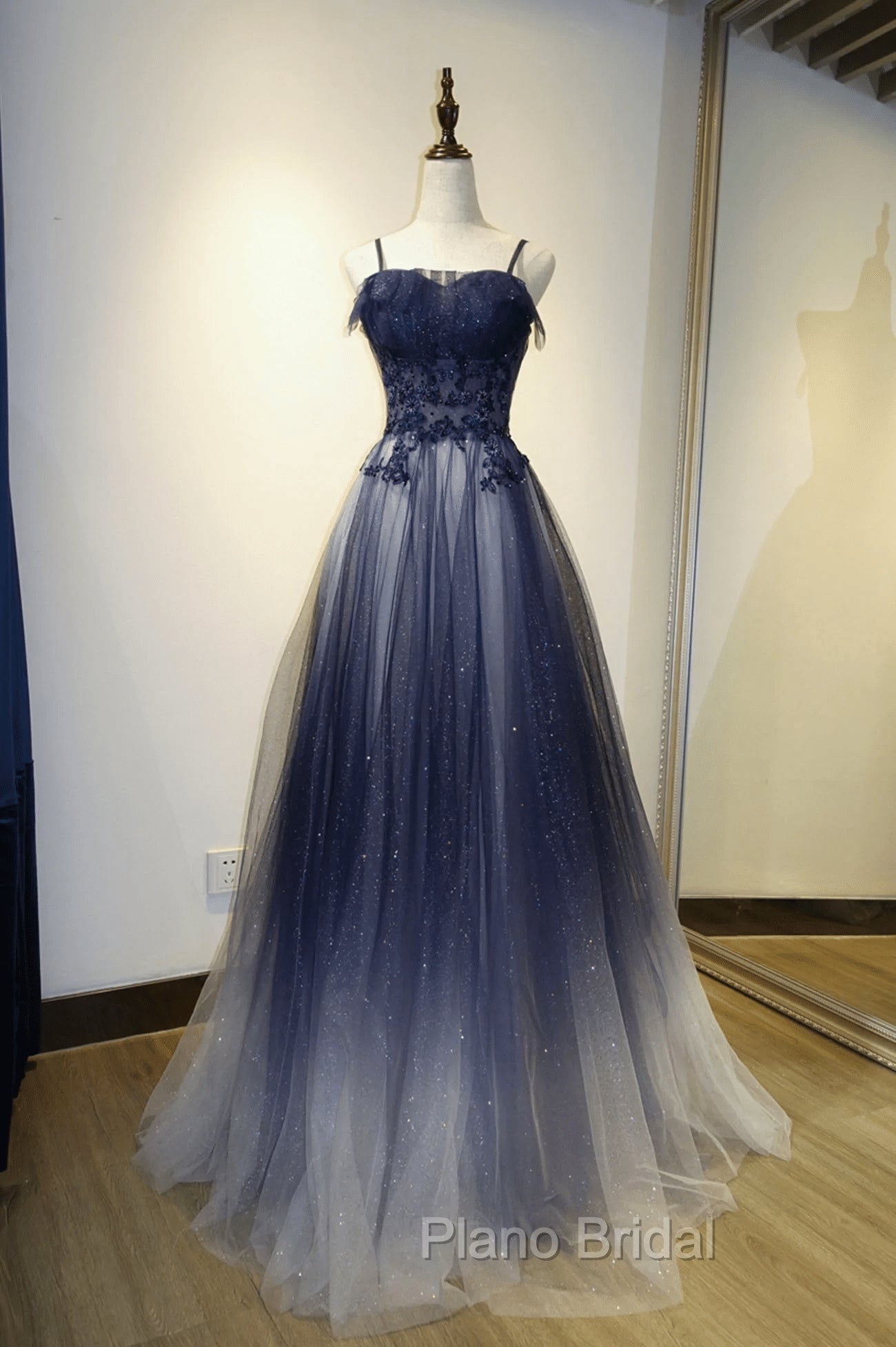 Blue Gradient Straps Tulle Long Party Dresses with Lace Blue Junior Formal Prom Dresses Formal Prom Dresses shops