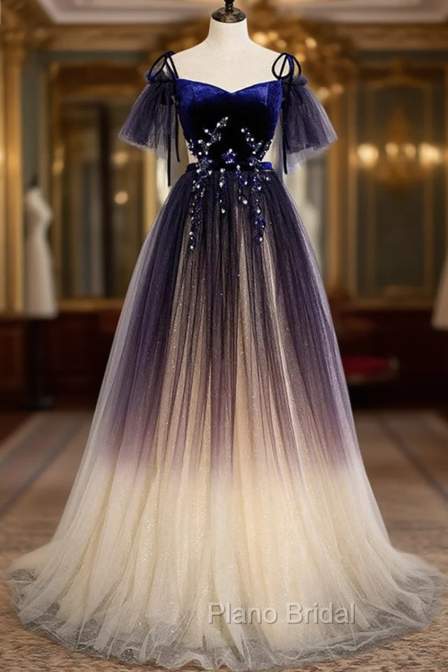 Blue Gradient Tulle Long Formal Dresses, Off the Shoulder Evening Graduation Dresses Main image