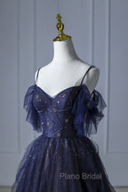 Blue Gradient Tulle Long Formal Prom Dresses, Spaghetti Strap Evening Dresses