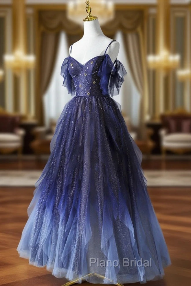 Blue Gradient Tulle Long Formal Prom Dresses, Spaghetti Strap Evening Dresses Main image