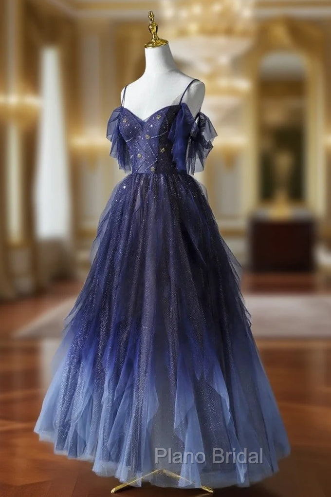 Blue Gradient Tulle Strapls Beading Formal Prom Dresses Main image