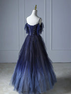 Blue Gradient Tulle Straps Beading Formal Prom Dresses
