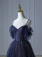 Blue Gradient Tulle Straps Beading Formal Prom Dresses