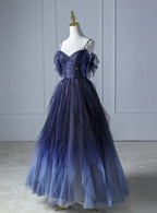 Blue Gradient Tulle Straps Beading Formal Prom Dresses