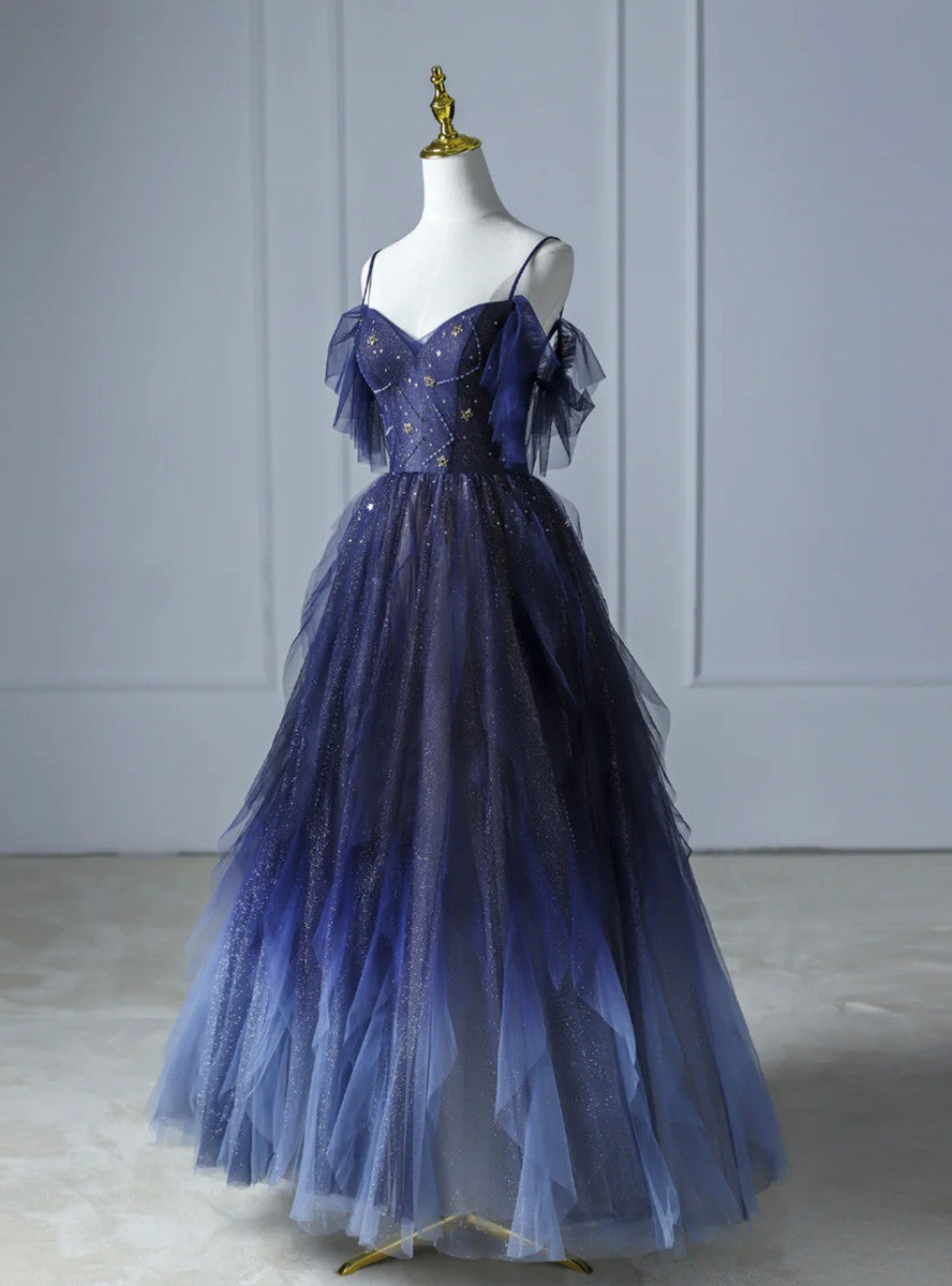 Blue Gradient Tulle Straps Beading Formal Prom Dresses