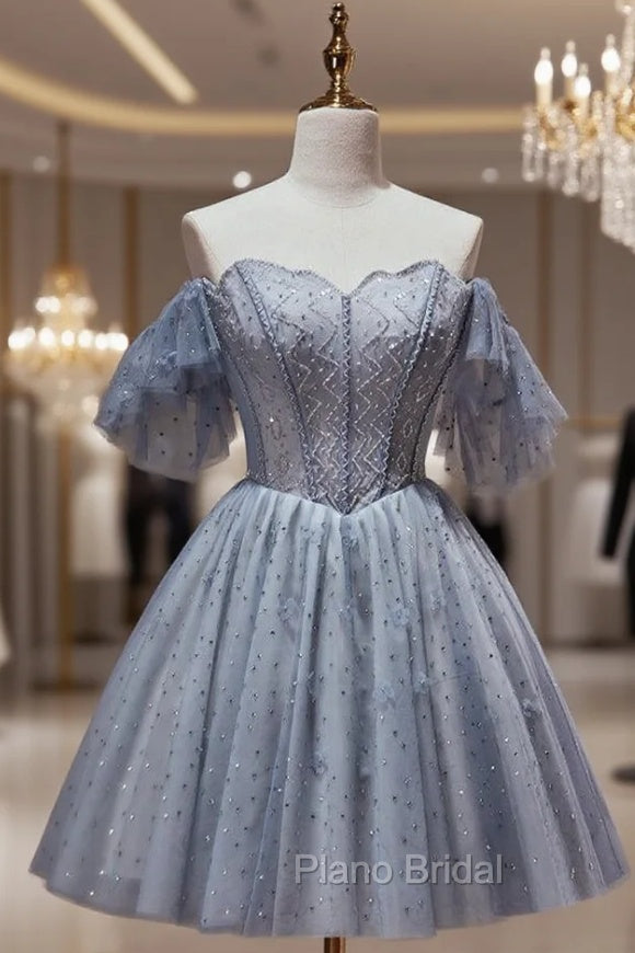 Blue Gray Tulle Beading Homecoming Dresses Main image
