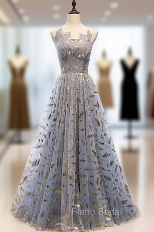 Blue Gray Tulle Gold Feather Strapless Formal Prom Dresses Main image