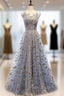 Blue Gray Tulle Gold Feather Strapless Formal Prom Dresses