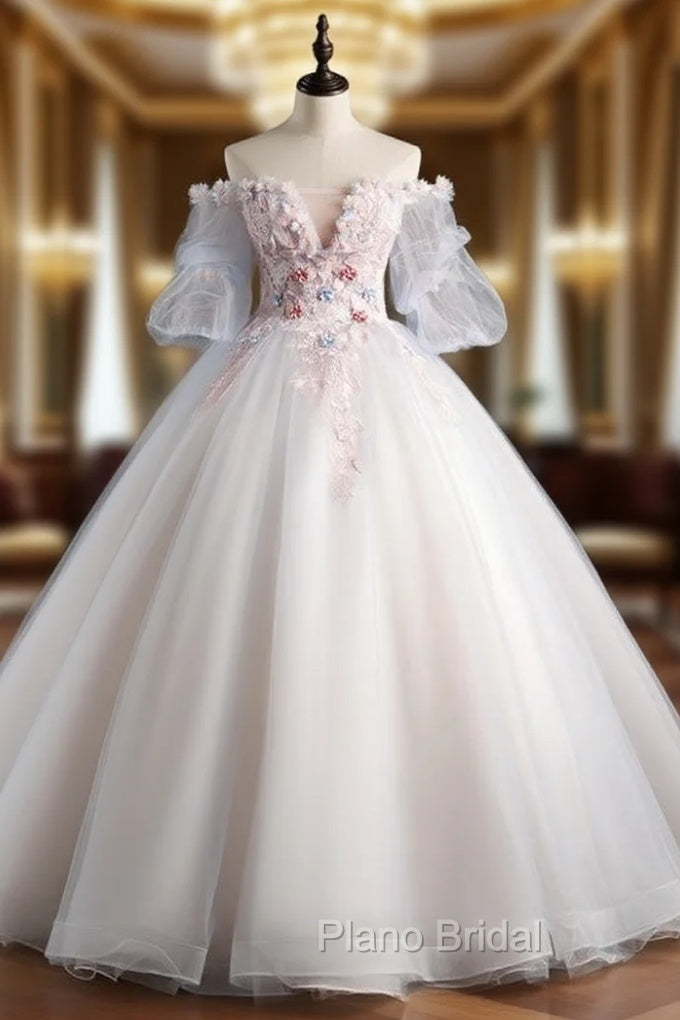 Blue Gray Tulle Puff Sleeve Appliques Quinceanera Dresses