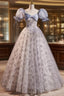 Blue Gray Tulle Sequins Puff Sleeve Formal Prom Dresses
