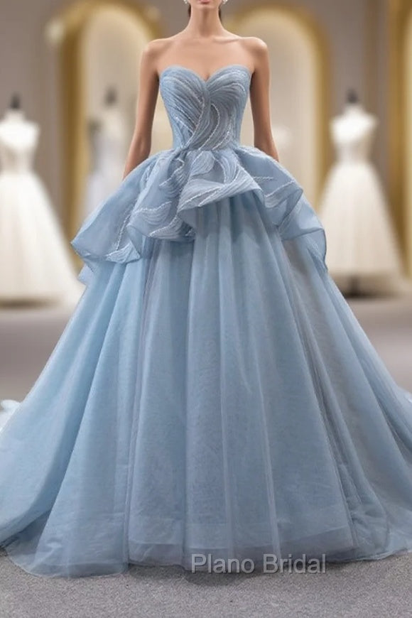 Blue Gray Tulle Sweetheart Pleats Formal Prom Dresses Main image