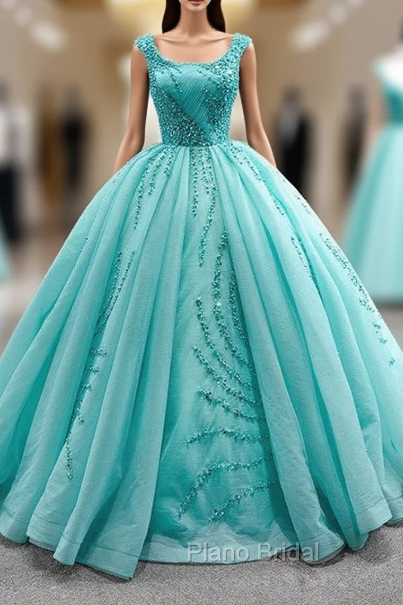 Blue Green Tulle Pleats Beading Pearls Formal Prom Dresses Main image
