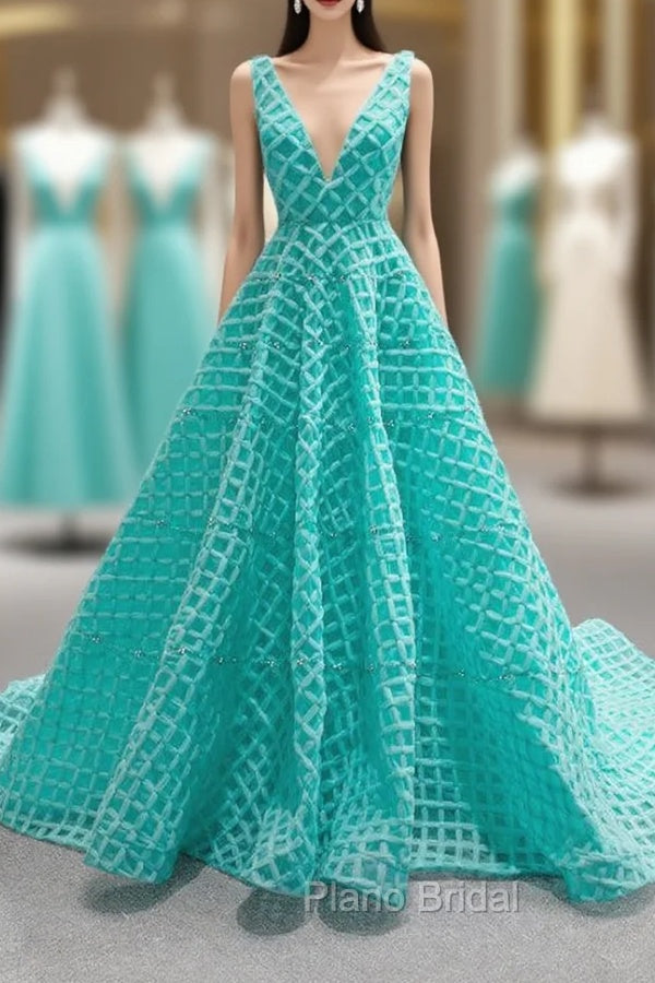 Blue Green V-neck Tulle Beading Formal Prom Dresses Main image
