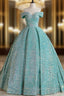 Blue Green Velvet Sequin Long Formal Prom Dresses, Velvet Formal Dresses