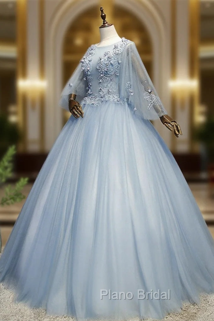Blue-Grey Ball Gown Tulle Sweet 16 Dresses with Lace, Long Formal Dresses Main image
