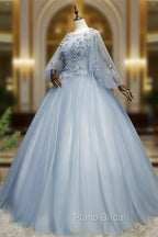 Blue-Grey Ball Gown Tulle Sweet 16 Dresses with Lace, Long Formal Dresses