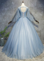 Blue-Grey Ball Gown Tulle Sweet 16 Dresses with Lace, Long Formal Dresses