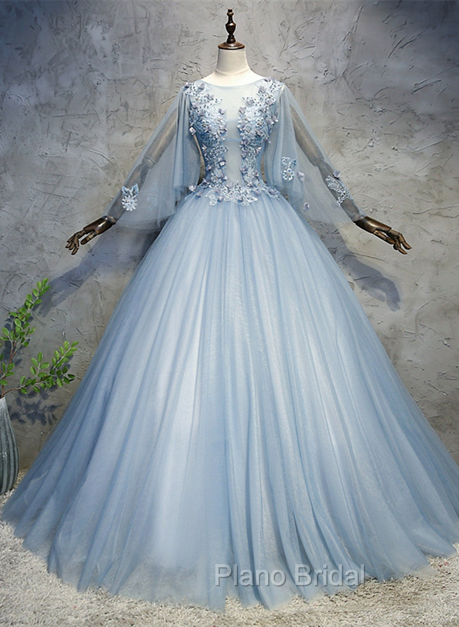 Blue-Grey Ball Gown Tulle Sweet 16 Dresses with Lace, Long Formal Dresses Secondary image