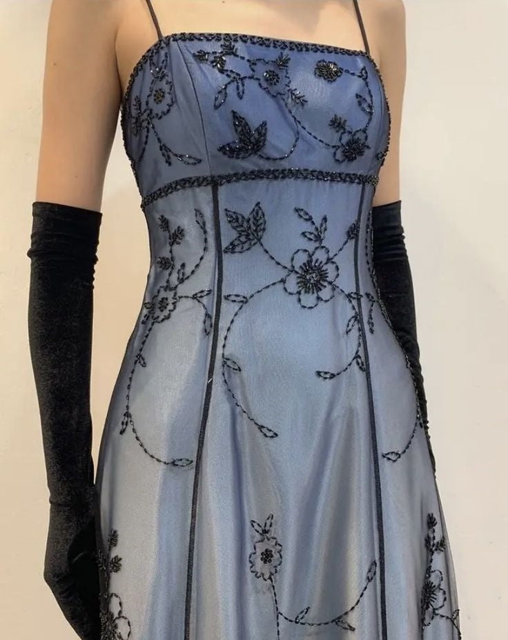 Blue/Grey Delicate Beaded Long Tulle Elegant Ball Gown Formal Evening Dresses Formal Birthday Party Dresses Formal Prom Dresses