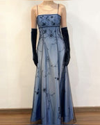 Blue/Grey Delicate Beaded Long Tulle Elegant Ball Gown Formal Evening Dresses Formal Birthday Party Dresses Formal Prom Dresses