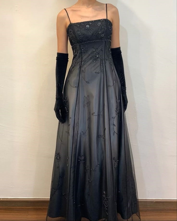 Blue/Grey Delicate Beaded Long Tulle Elegant Ball Gown Formal Evening Dresses Formal Birthday Party Dresses Formal Prom Dresses