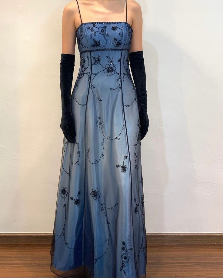 Blue/Grey Delicate Beaded Long Tulle Elegant Ball Gown Formal Evening Dresses Formal Birthday Party Dresses Formal Prom Dresses Main image