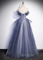 Blue-Grey Long A-line Off Shoulder Party Dresses, New A-line Formal Prom Dresses Evening Dresses
