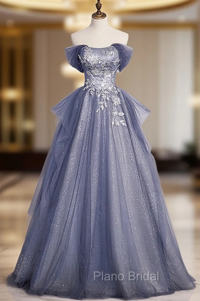 Blue-Grey Long A-line Off Shoulder Party Dresses, New A-line Formal Prom Dresses Evening Dresses Main image