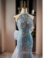 Blue Halter Beading Sequin Mermaid Formal Prom Dresses With Detachable Bow