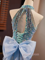 Blue Halter Beading Sequin Mermaid Formal Prom Dresses With Detachable Bow